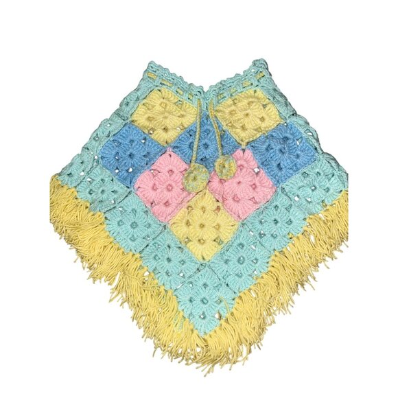 Vintage Handmade Crochet Girls Poncho 2T–4T? Pastel Granny Square Fringe - Picture 2 of 9